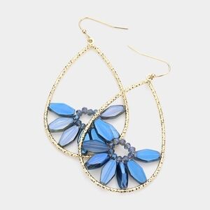 NEW Gold Navy Blue Floral Bead Crystal Teardrop Dangle Earrings